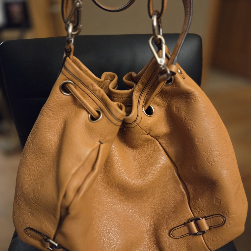 Authentic MCM Leather Drawstring Bucket Bag, often referred as Hobo Crossbody - Picture 4 of 15
